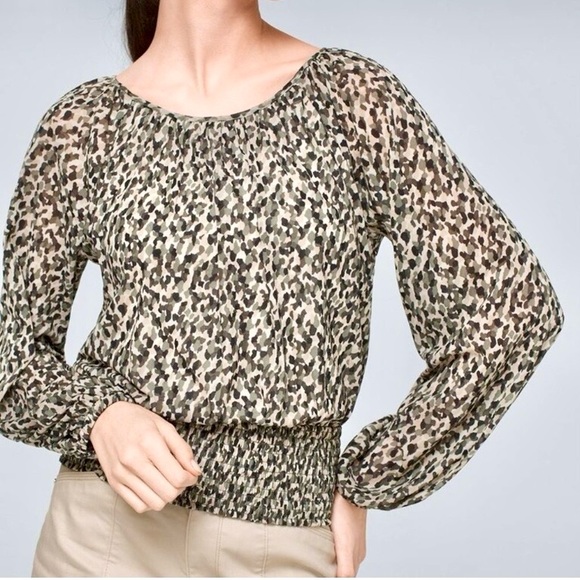 White House Black Market Tops - WHBM Smocked Camo Peasant Blouse Women’s Size M Popover Boat Neck Balloon Sleeve